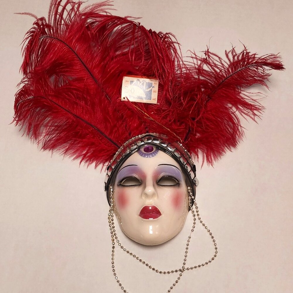 VINTAGE MASK - CLAY ART OF SAN FRANCISCO - ELEGANT PINK FEATHERS - JEWELED